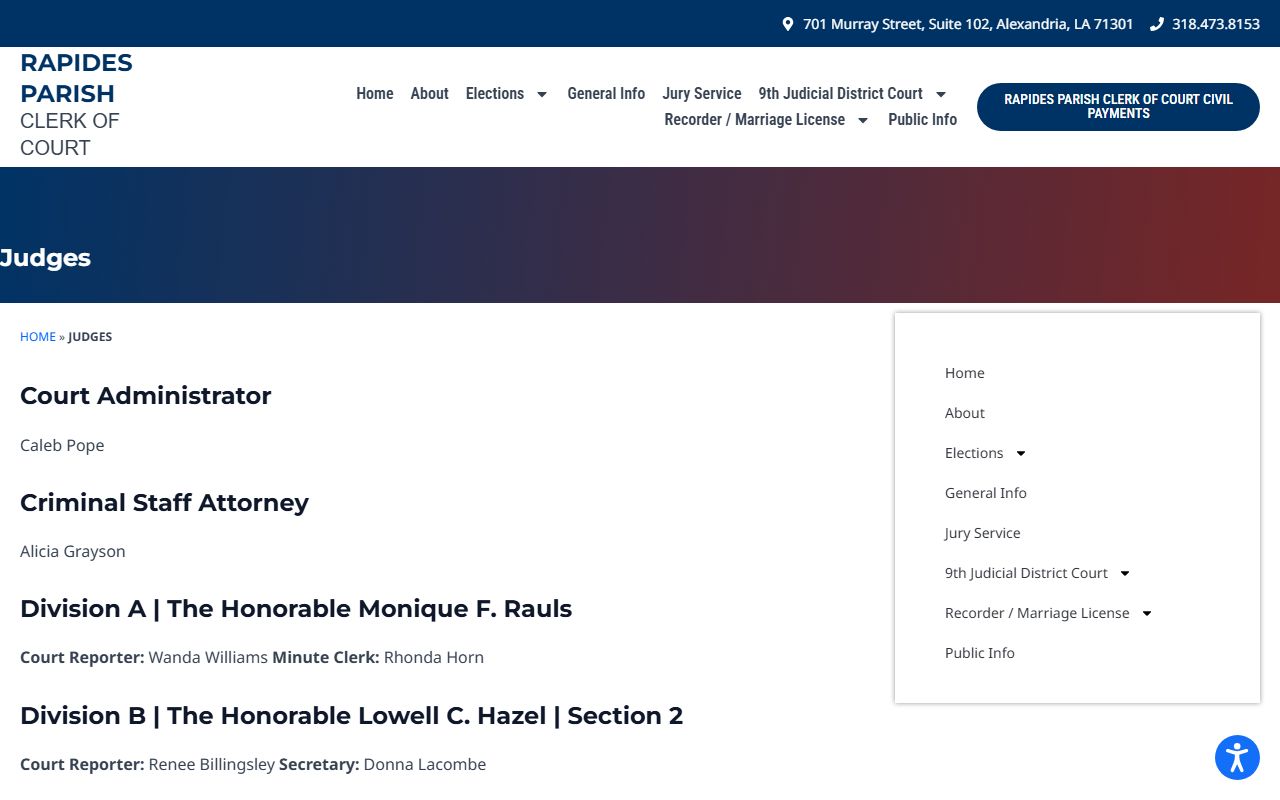 Rapides Parish Clerk of Court records judge and court staff listing