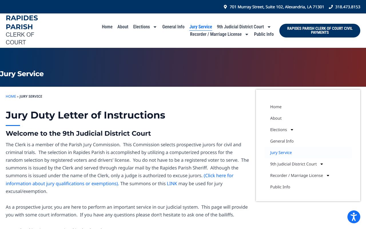 Rapides Parish Clerk of Court records jury service page