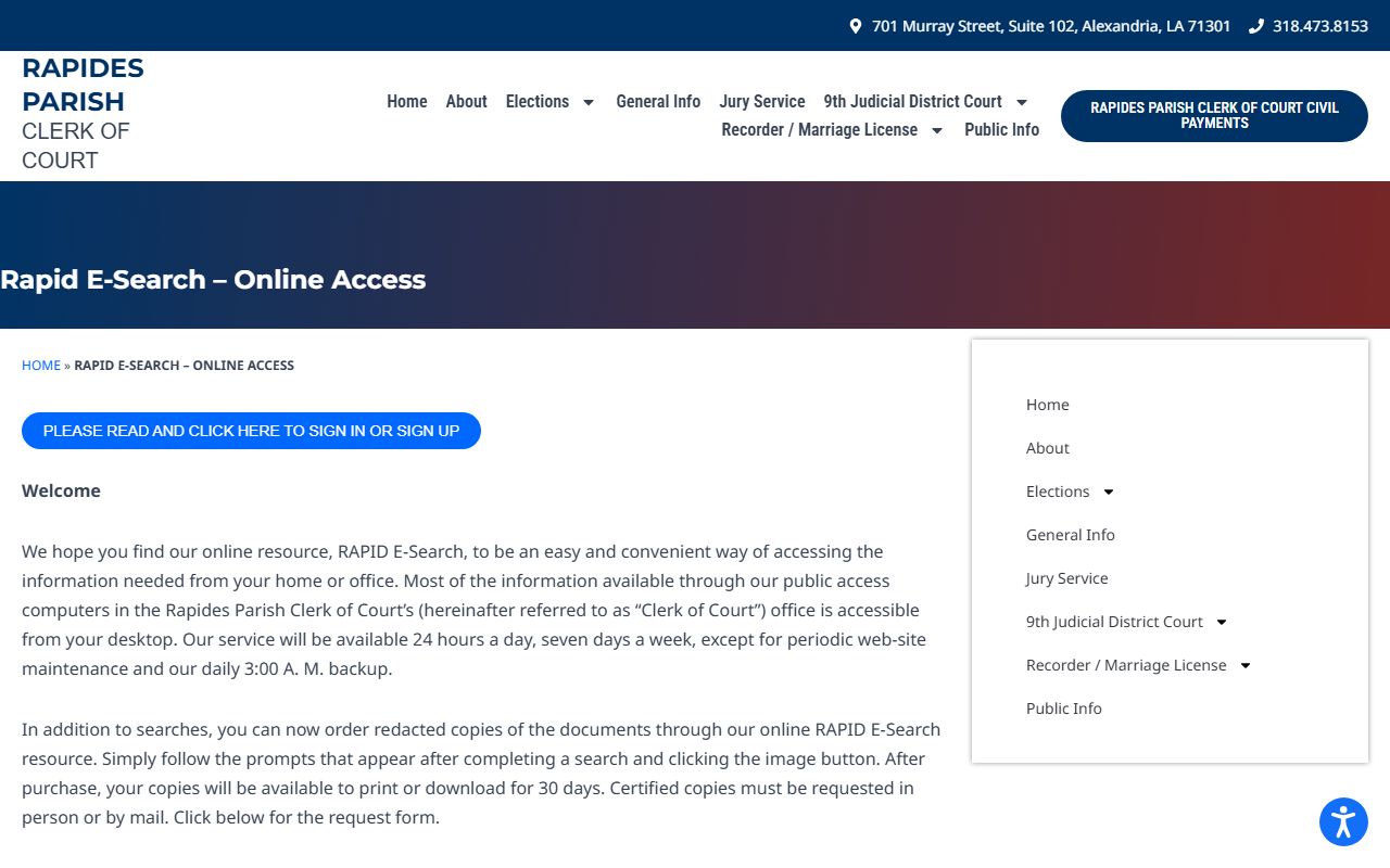 Rapides Parish court records RAPID E-Search access terms