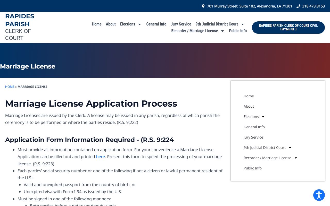 Rapides Parish marriage records Clerk marriage license application page