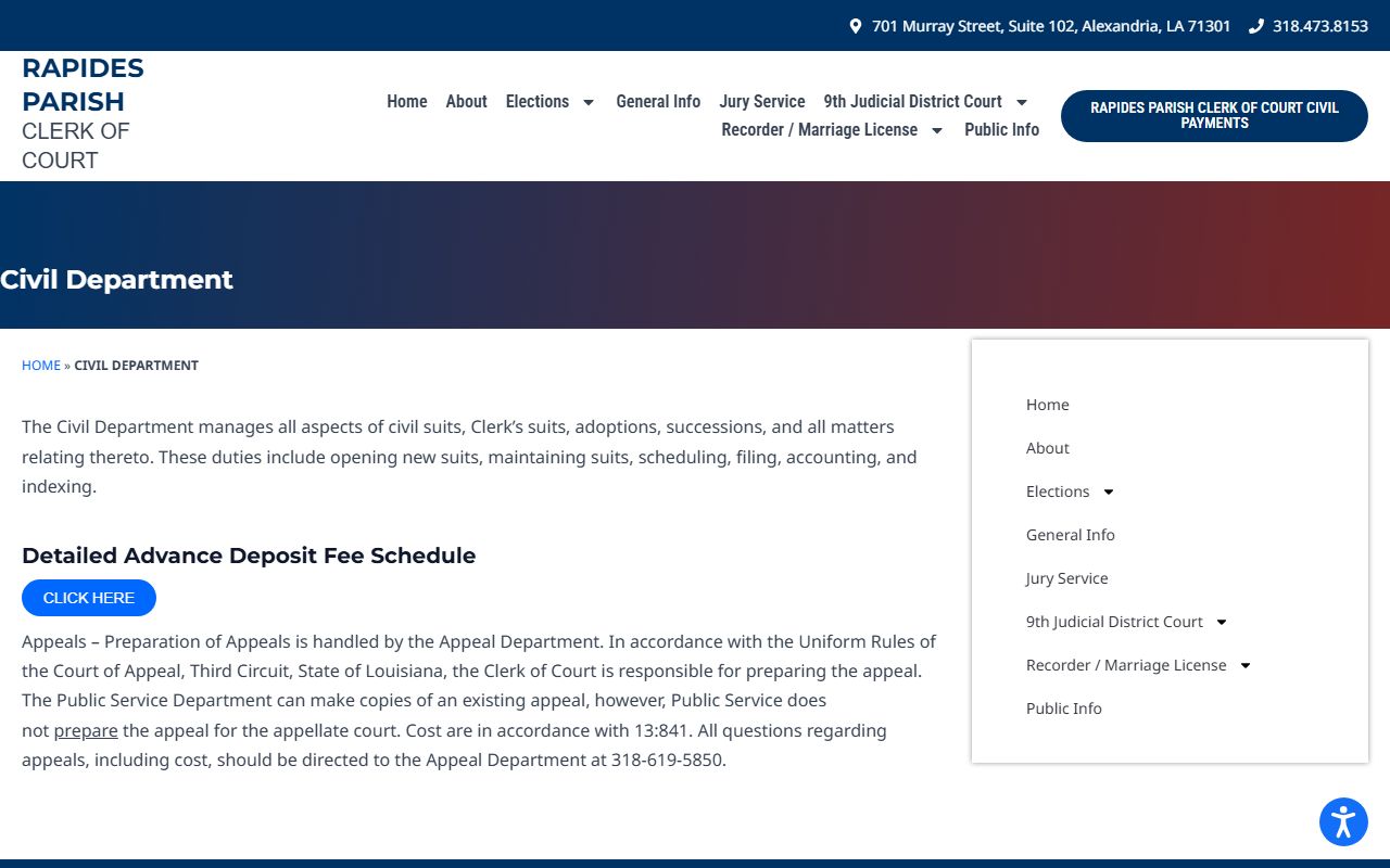 Rapides Parish divorce records Clerk Civil Department page