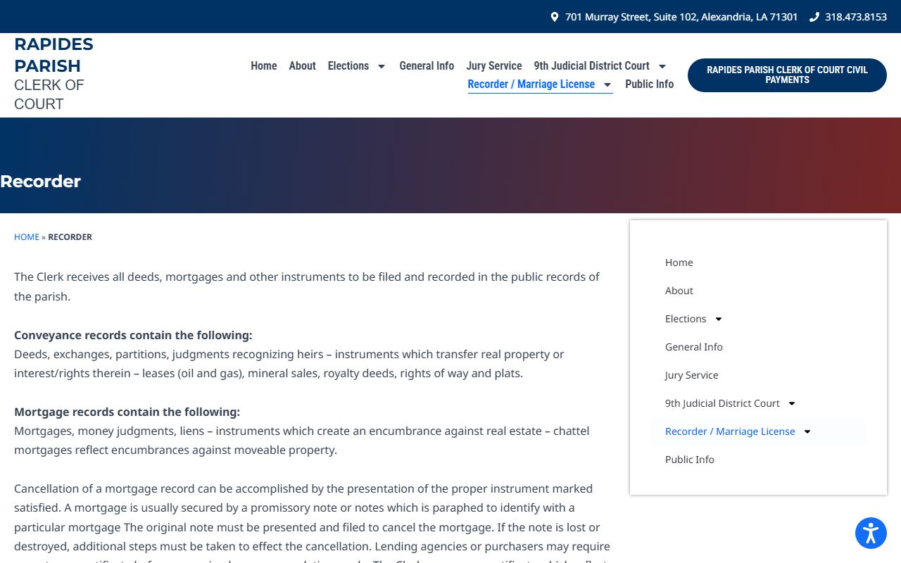 Rapides Parish probate records Clerk recorder page for conveyance and heir judgments